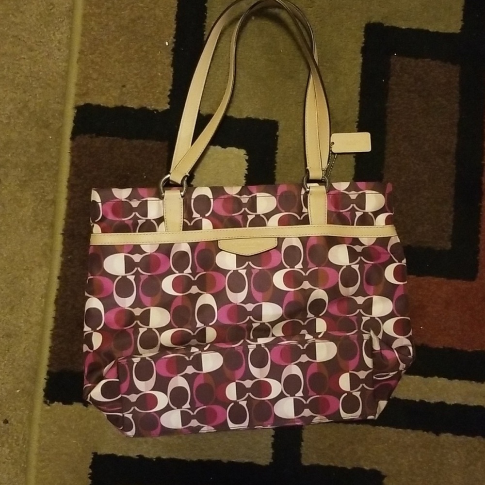 Coach Purple and Cream Signature Tote